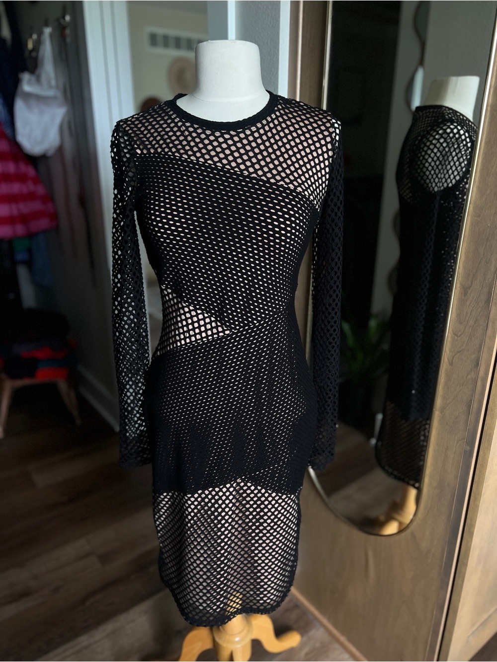 BCBGMAXAZRIA "Jorden" black mesh-paneled dress | nude contrast | long sleeve